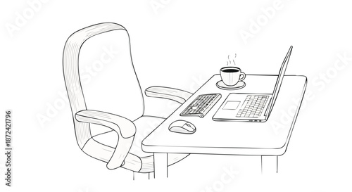 Black and white line drawing illustration of a modern home office workspace with a laptop, keyboard, mouse, coffee cup, and an ergonomic office chair.