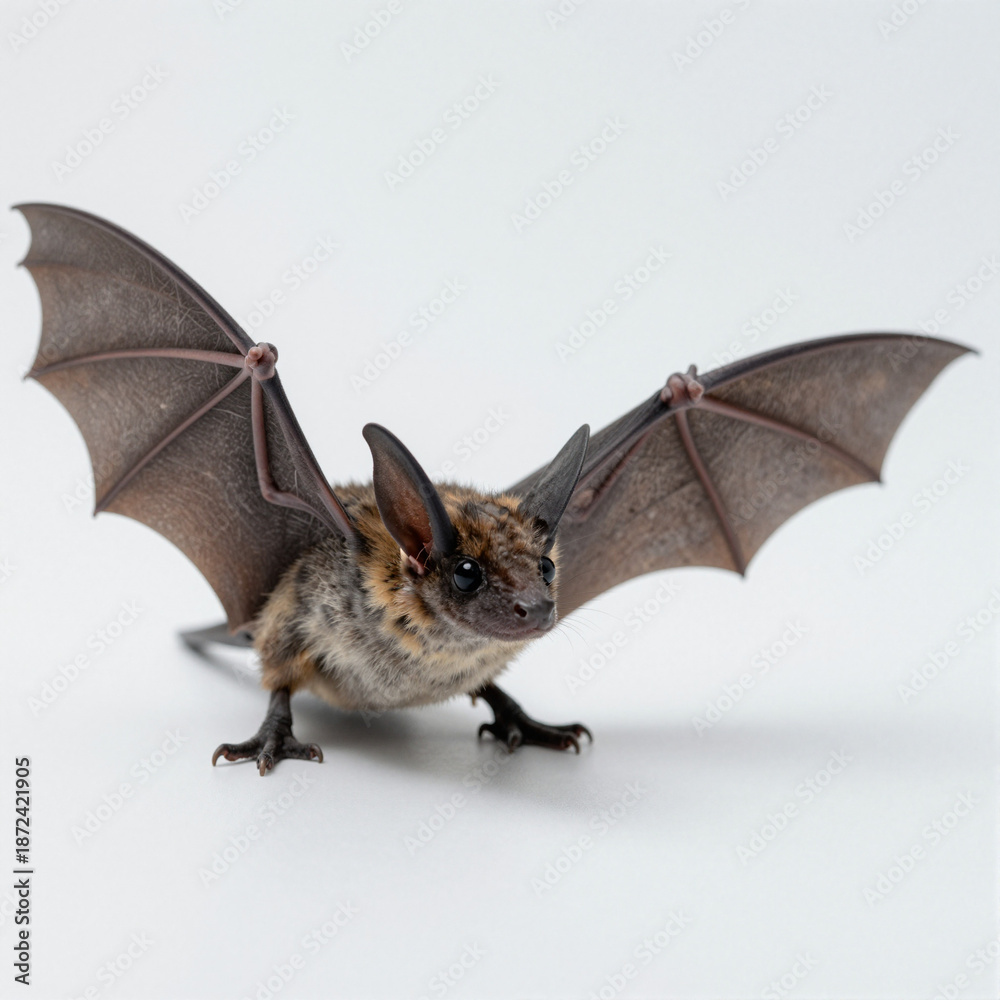 Fototapeta premium Tiny bat model with wings spread wide and head tilted, centered on a white background