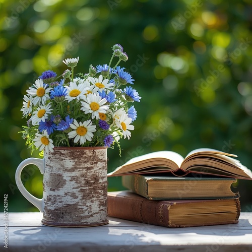still life with flowers and books
