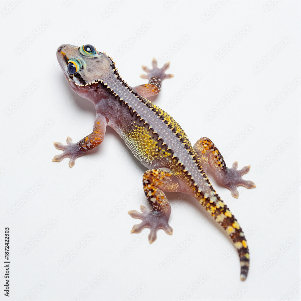 Obraz premium Juvenile gecko with translucent skin and bright eyes on a white background
