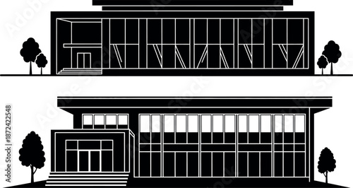 Modern two-story building with large windows and trees