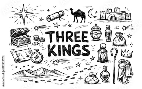 Drawn illustration of the Three Kings journey with symbols like a star, camel, and treasure