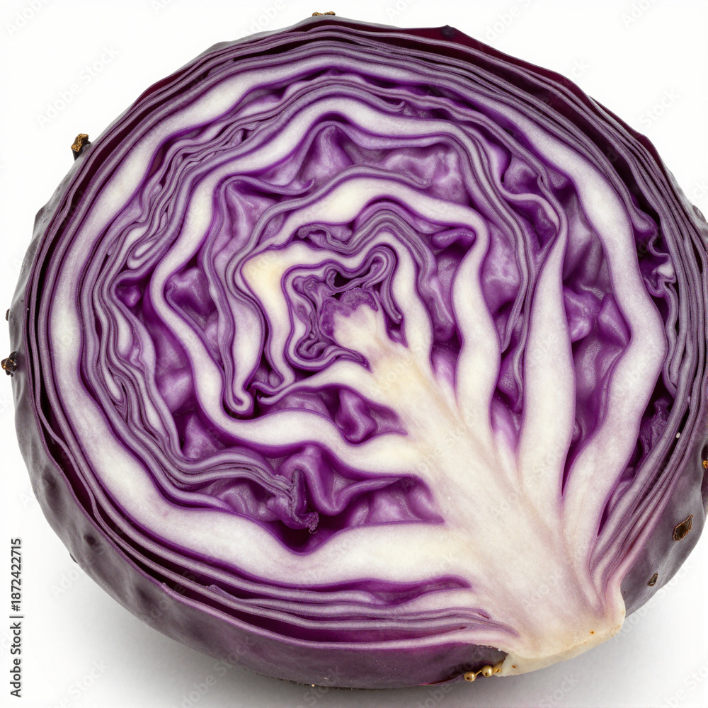 Obraz premium Freshly sliced red cabbage cross-section with intricate purple and white concentric layers and pale core