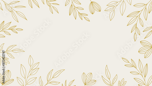 Luxury gold botanical frame background with minimalist floral line art, elegant leaf border for wedding invitation and premium branding.