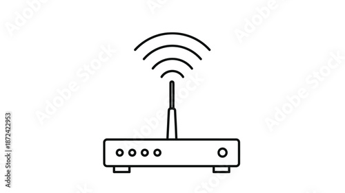 Simple black and white line drawing of a wireless router with signal waves above it