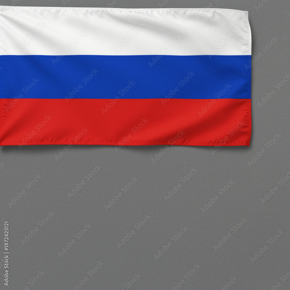 Fototapeta premium Russia flag with horizontal white, blue, and red stripes, perfectly centered on a gray background