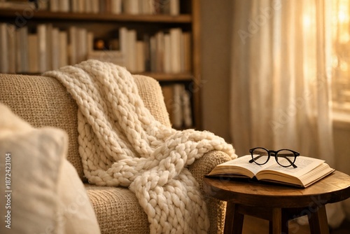 Cozy Reading Nook: A warm, inviting corner for relaxation, featuring a soft knitted blanket, an open book, and eyeglasses on a small table near a comfortable chair in front of a bookcase.