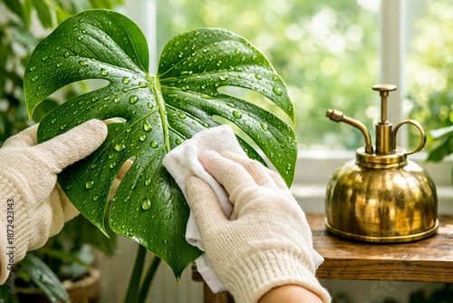 Caring for a Monstera Deliciosa: Gentle hands carefully tend to a lush Monstera Deliciosa leaf, ensuring its vitality with a soft cloth and a touch of tender loving care.