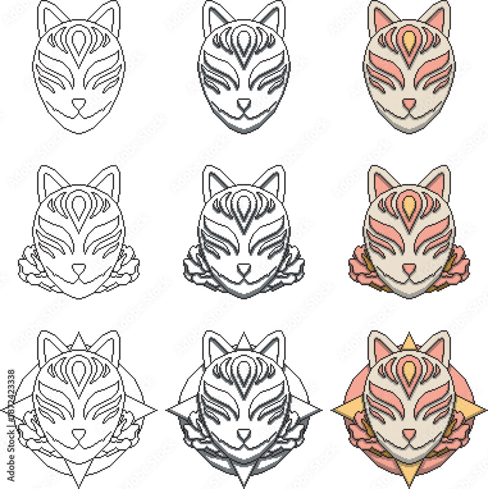 Fototapeta premium Kitsune japanese mask rose and moon vector pixel art 