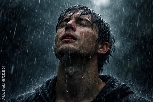 Man in the Rain: A portrait of a man standing in the downpour, eyes closed, face upturned, capturing the feeling of serenity and introspection during a rainstorm.