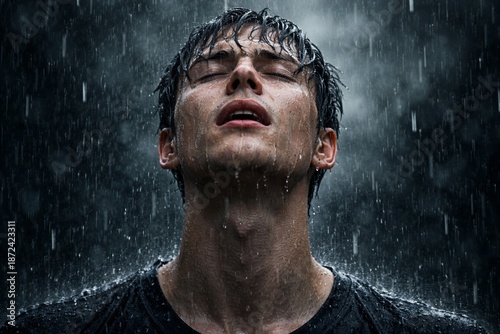 Intense Moment: A man experiences a profound sensation, his face upturned as he is immersed in a downpour of rain, an expression of introspection and emotional depth