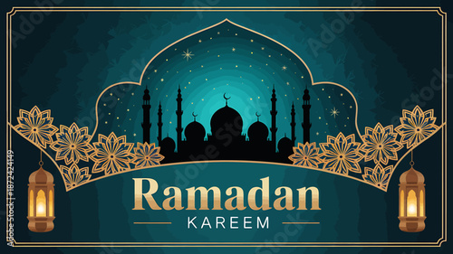 Ramadan Kareem Greeting Card with Mosque Silhouette