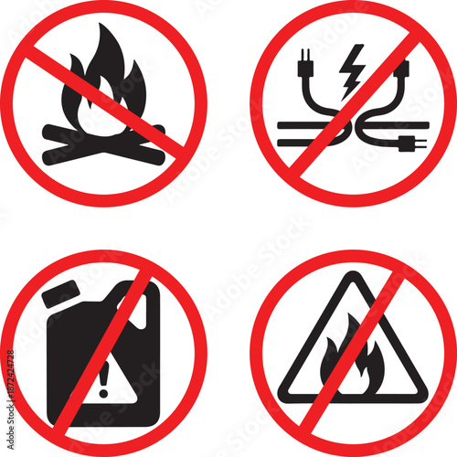Banned workplace hazard prohibition icon set showing exposed wiring fire open flame and toxic chemical silhouettes for industrial safety compliance