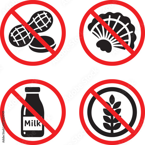 Banned food allergen prohibition icon set showing peanut shellfish milk and gluten silhouettes for allergy safety restricted areas and health awareness