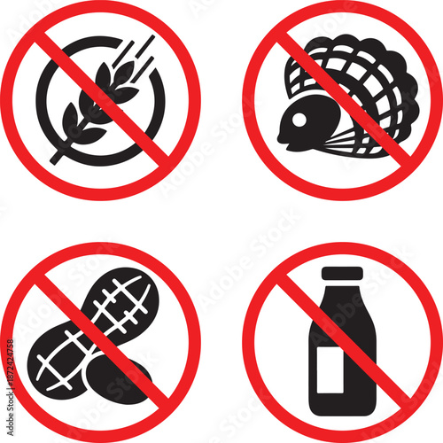 Banned food allergen prohibition icon set showing peanut shellfish milk and gluten silhouettes for allergy safety restricted areas and health awareness