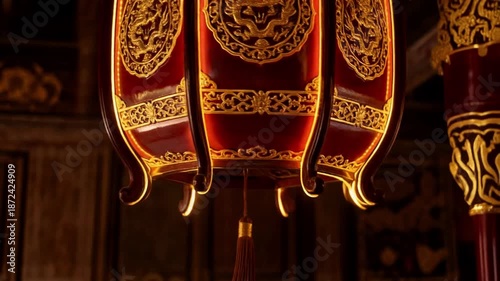 Ornate Lanterns Hanging in Dimly Lit Space.