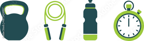 Fitness training and workout equipment icons set featuring kettlebell, jump rope, water bottle and stopwatch for exercise, sports and healthy lifestyle design