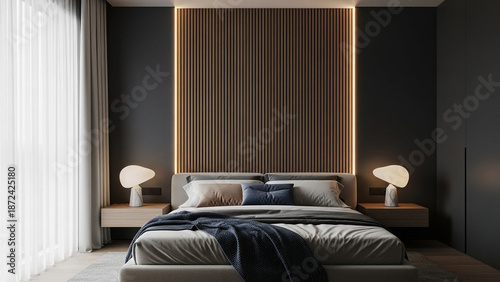 Modern luxury bedroom interior with dark walls and wooden slat headboard featuring integrated warm lighting over comfortable bed with neutral linens and stylish marble bedside lamps