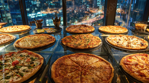assorted gourmet pizzas at a luxury restaurant buffet featuring a beautiful night city background. ideal for food industry marketing, travel blogs, and italian cuisine social media content