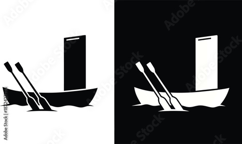 Black and white boats with oars side by side