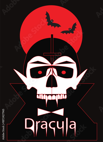 Dracula with red moon, bats and text, abstract background, vector illustration