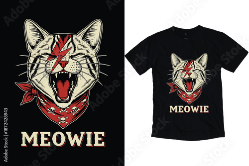 Retro Meowie Cat Rockstar Lightning Bolt Vector T-Shirt Design print