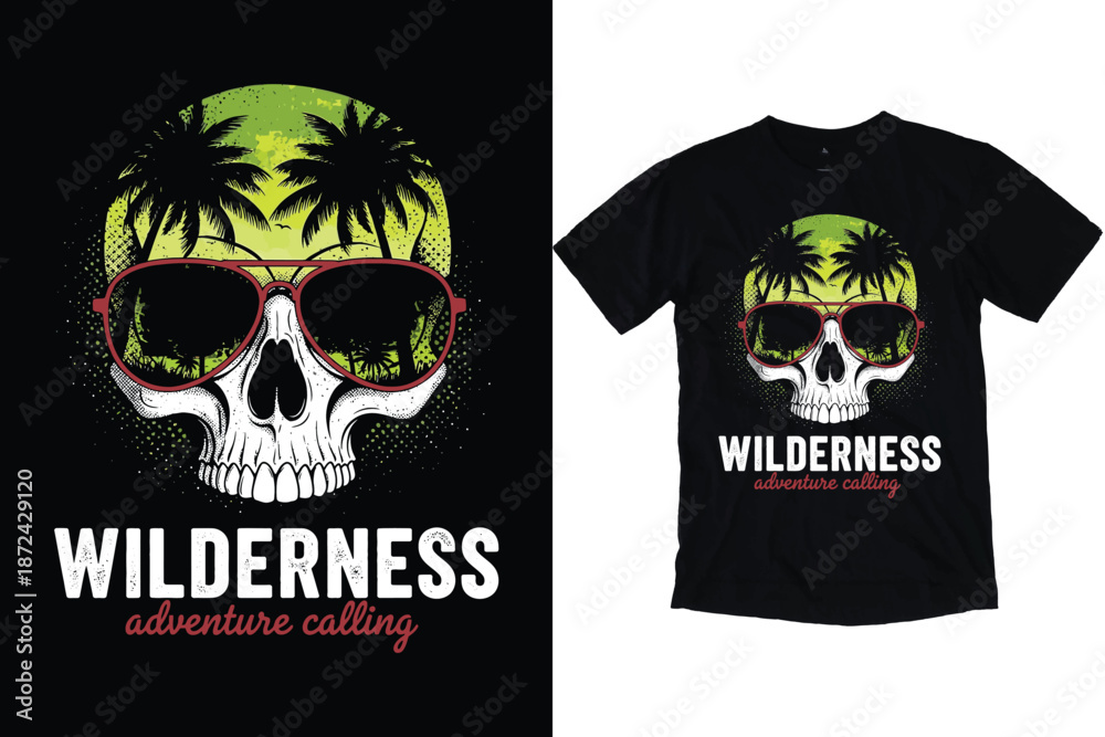 Fototapeta premium Retro Summer Skull Beach Adventure Vector T-Shirt Design print