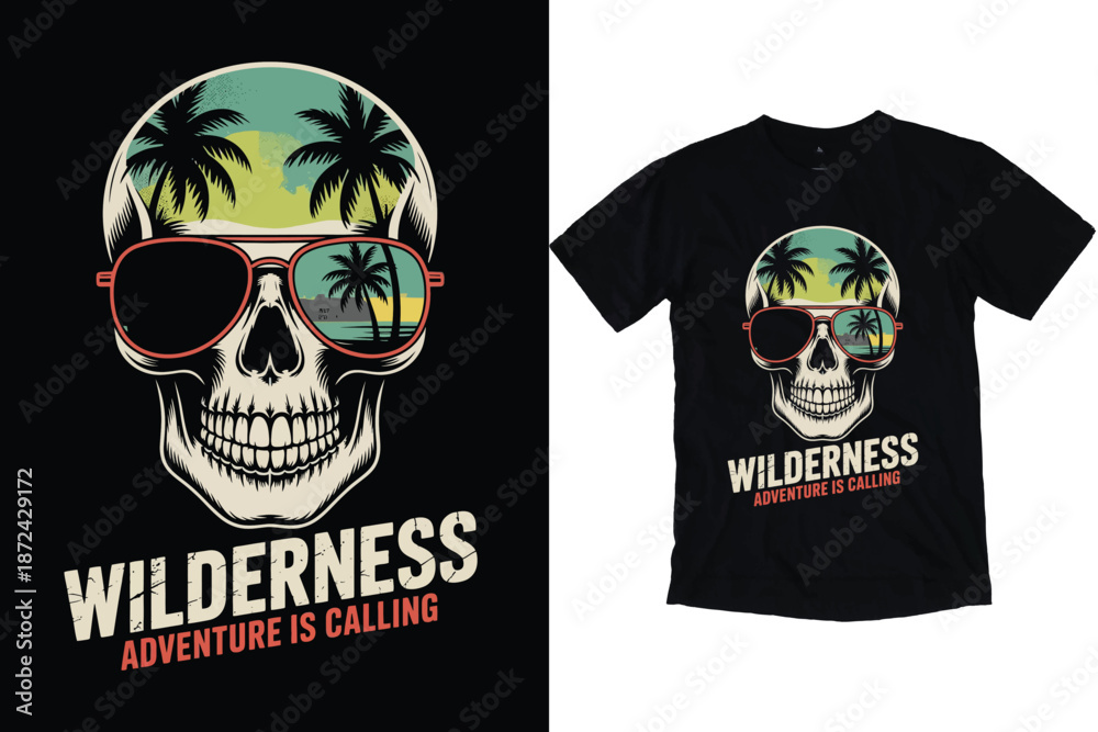 Fototapeta premium Retro Summer Skull Beach Adventure Vector T-Shirt Design print