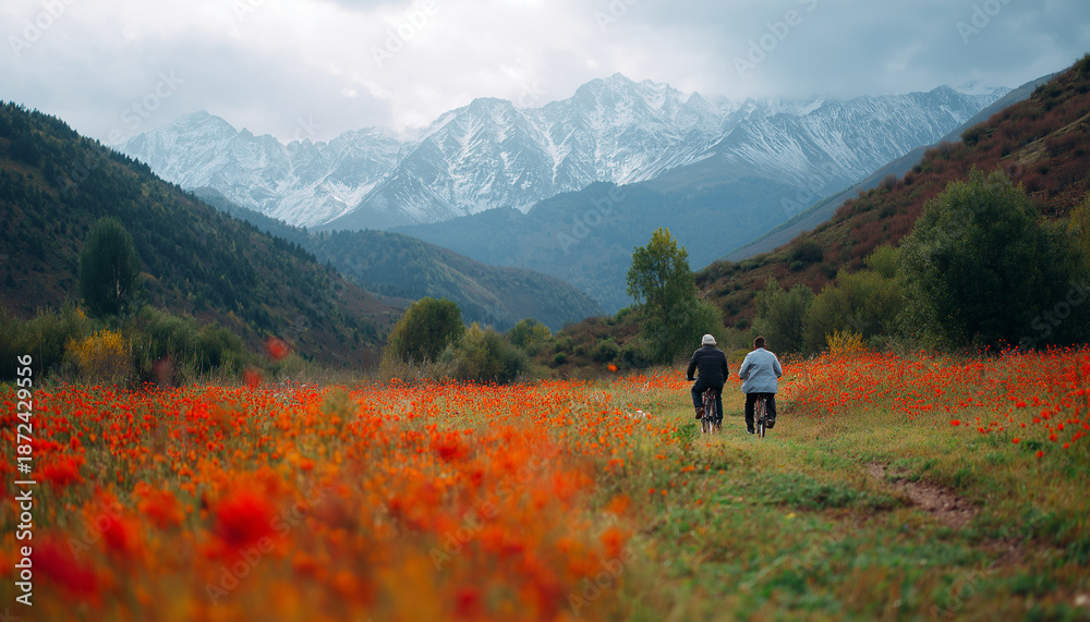 Obraz premium AI generator images of scene of red poppies contrasting with what might be expected to be a snow-covered landscape, is frequently observed in Central Asia, specifically in Kazan and Kyrgyzstan.