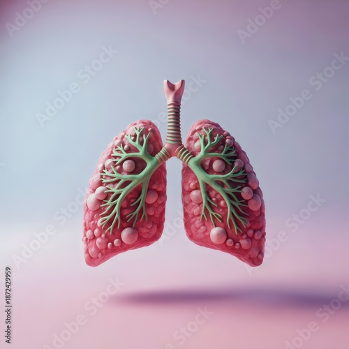 Detailed 3D illustration of lungs with visible cysts and bronchi