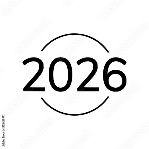 Clean and modern graphic illustration of the year 2026, elegantly framed by circular arcs, symbolizing a future period, upcoming events, and forward-looking plans or projections