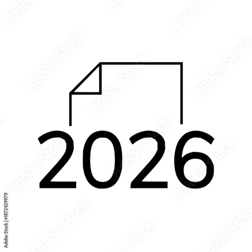 Minimalist outline icon featuring a document symbol over the year 2026, representing future projections, annual reports, or critical data for the upcoming year