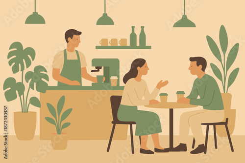 Two customers shop sand minimalist coffee modern vector sage no icon behind