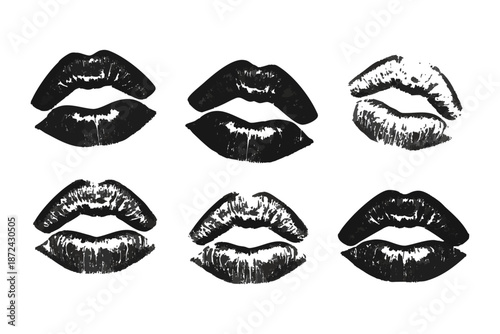 Set of Black Lipstick Kiss Prints and Lip Silhouettes.