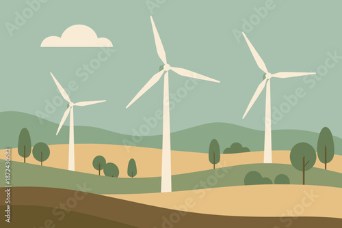 Wind style cohesive sage vector geometric modern no turbines warm sky characters