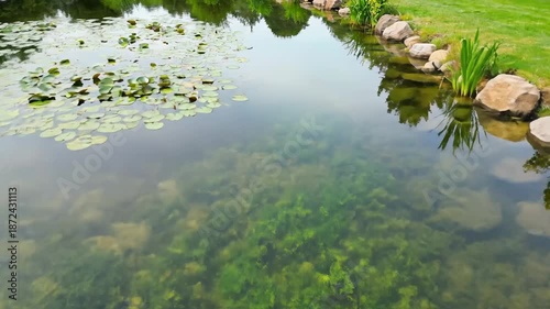 Clear garden pond with stones and floating lily pads