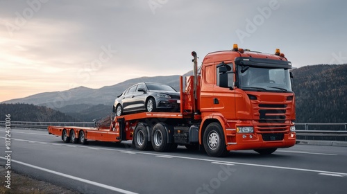 Bright orange tow truck transporting a black sedan on a flatbed trailer, driving along a highway surrounded by mountains and a cloudy sky, showcasing vehicle transportation services