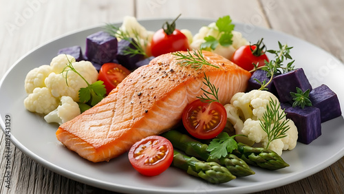 Gourmet salmon dinner with vegetables