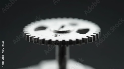 Single metal gear mounted on shaft in minimal industrial setting