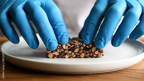 Preparing a granola bar on a plate, Hands wearing blue gloves pressing a granola bar on a white plate