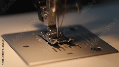 Sewing machine needle stitching fabric in close detail