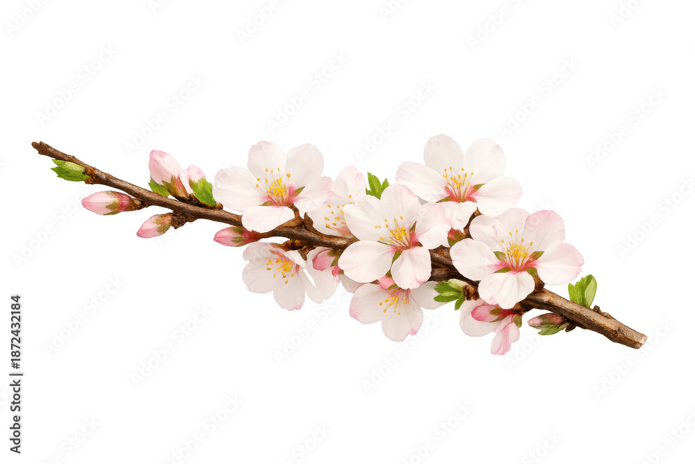 Obraz premium Cherry blossom branch with delicate pink flowers and opening buds signifying springtime and new beginnings