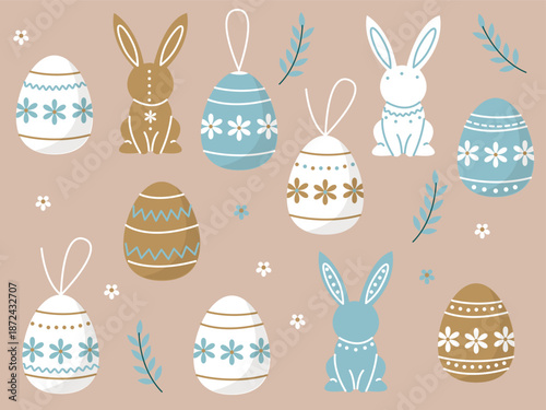 Set of Easter eggs with ornamentation and rabbits in a simple graphic style with flowers