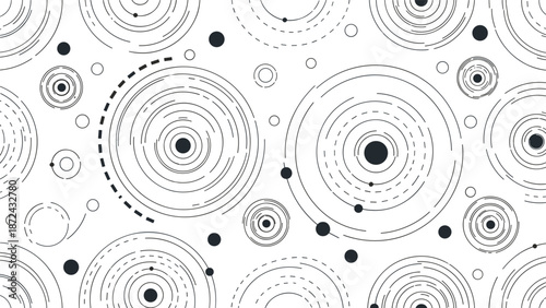 Modern abstract pattern features various sized circles, dots, and dashed rings in black and white that resemble celestial bodies or atoms.