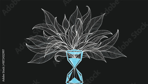 Surreal digital art showing white leaf outlines growing from a blue hourglass against a stark black background symbolizing time and nature.