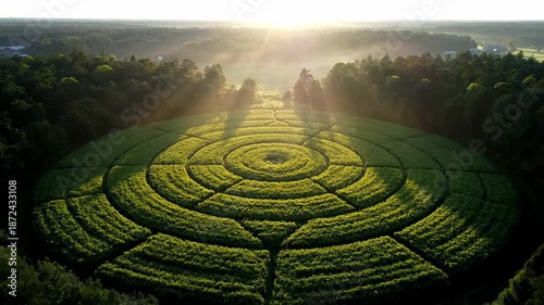 Aerial view of circular garden labyrinth illuminated by morning sunlight