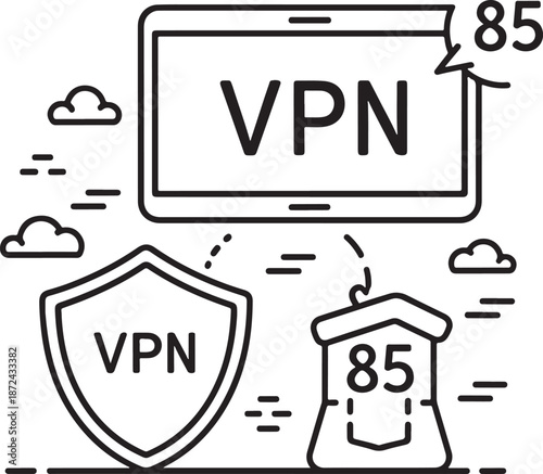 VPN Concept Illustration with Secure Screen, Network Shield, and Remote Connection Icons, Virtual Private Network