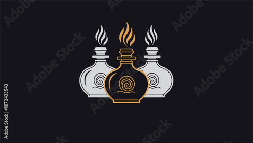 Set of three stylized alchemy potion bottles with swirl symbols and flames against a solid dark background in gold and silver.