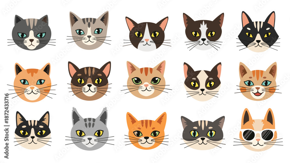 Fototapeta premium Charming collection of fifteen diverse cartoon cat faces with different colors, patterns, and expressions on a white background.
