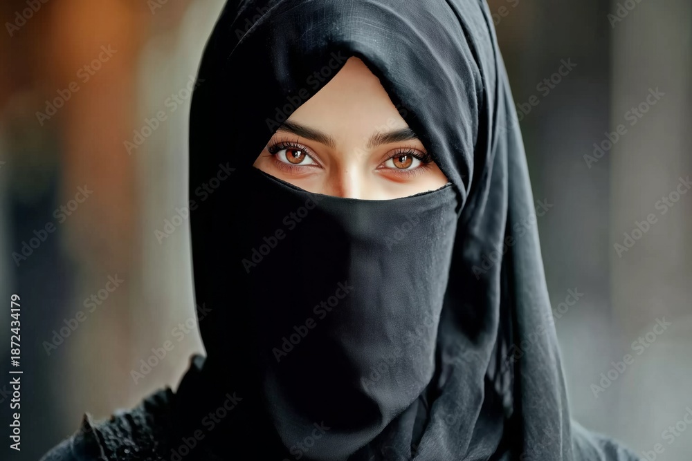Naklejka premium Close-up view of a girl wearing a black hijab with expressive eyes in a calm outdoor setting during the day